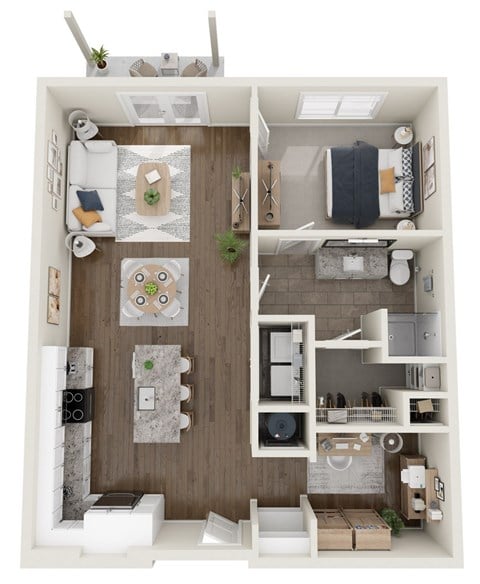Floor plan for 1 bed, 1 bath, 889 sqft